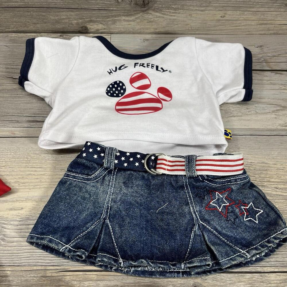 Build A Bear Outfits Denim Jean Skirt Skechers Shoes Love Red White Blue Visor - Picture 3 of 9